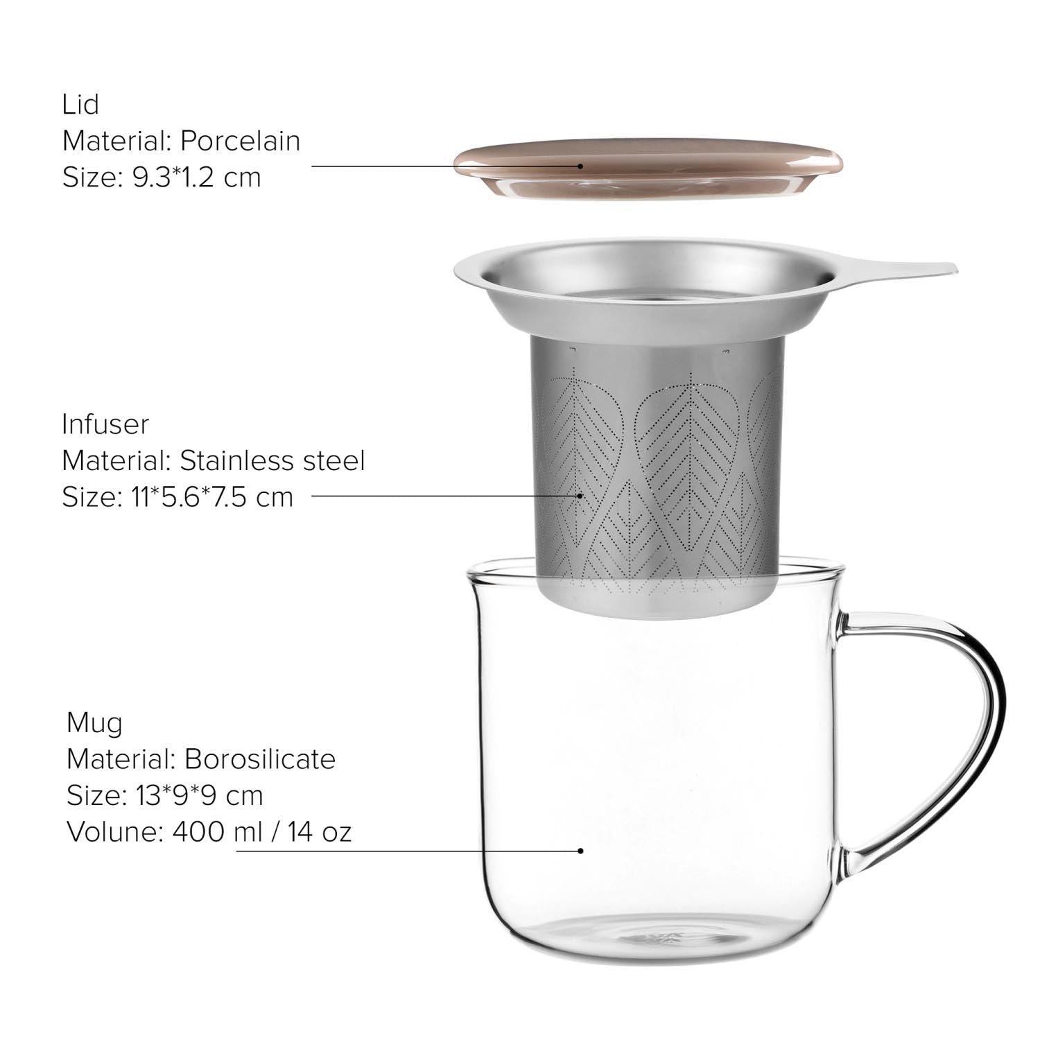 Elegante Teetasse aus Borosilikatglas mit Infuser, 400ml, braun. Perfekt für stilvollen Teegenuss. Hochwertig und funktional.