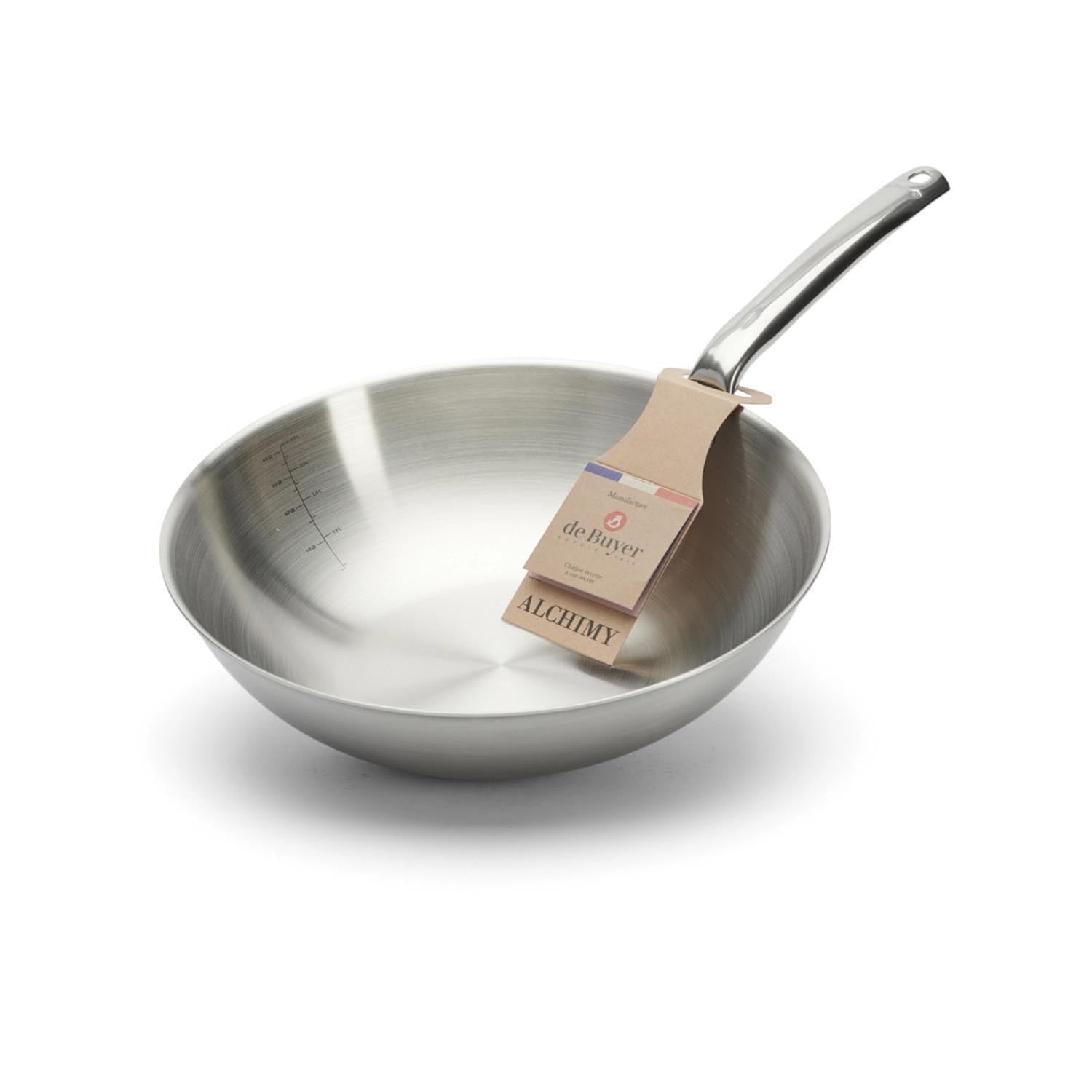 Robuster 28cm Wok aus Karbonstahl von de Buyer, ideal für asiatische Gerichte und optimale Wärmeleitung.
