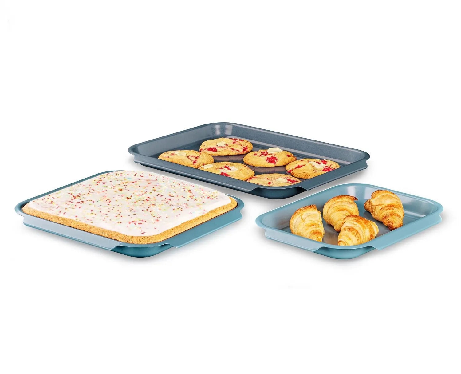 3-teiliges Backform-Set von Joseph Joseph, stapelbar und platzsparend, perfekt für vielseitiges Backen in drei praktischen Größen.
