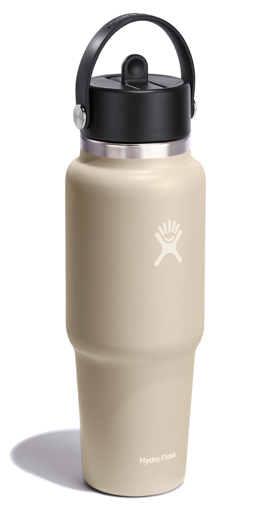 Stylische Hydro Flask Trinkflasche mit 945ml Fassungsvermögen, flexibler Deckel und Strohhalm in elegantem Oat-Farbton.