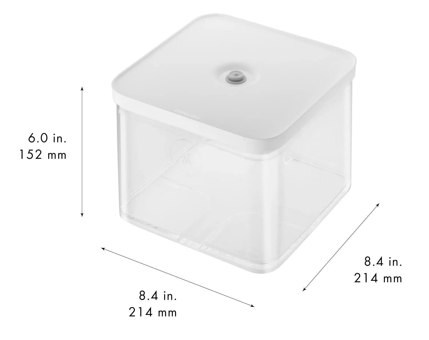Die Fresh & Save CUBE Box 2l von Zwilling ist eine transparente, weiße Vakuum-Aufbewahrungsbox für frische Lebensmittel.