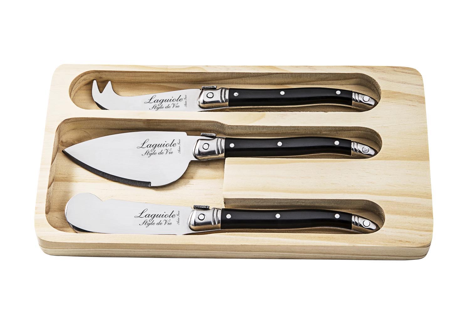 Laguiole 3tlg Premium Line Käsemesserset schwarz in Schwarz präsentiert im Onlineshop von KAQTU Design AG. Küchenmesser ist von Laguiole Style de Vie