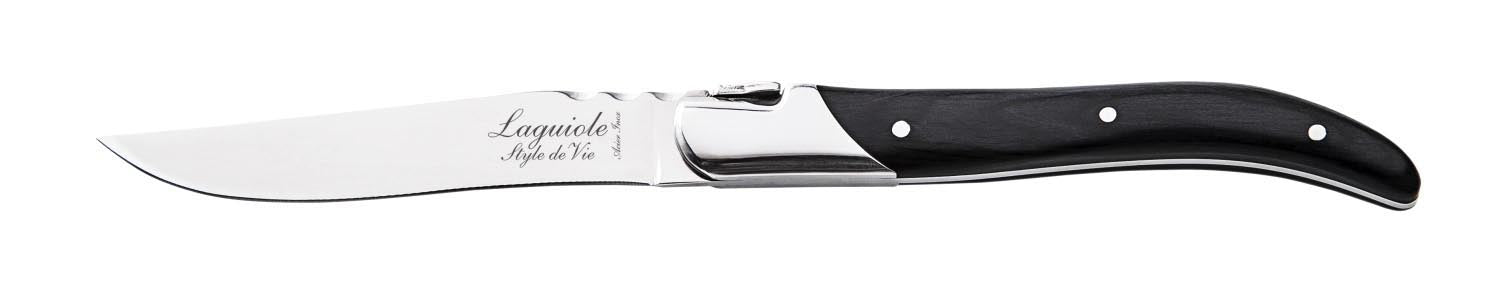 Elegantes Laguiole Steakmesser mit Griff aus schwarzem Ebenholz, hochwertige Verarbeitung, ideal für stilvolles Speisen.