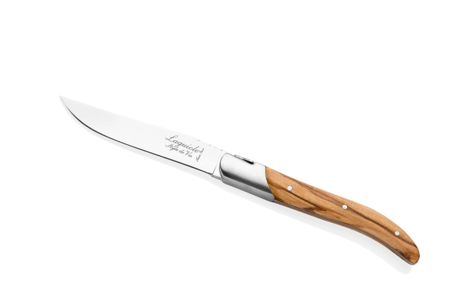 Elegantes Laguiole Steakmesser mit Olivenholzgriff, hochwertige Verarbeitung, ideal für stilvolles Speisen.