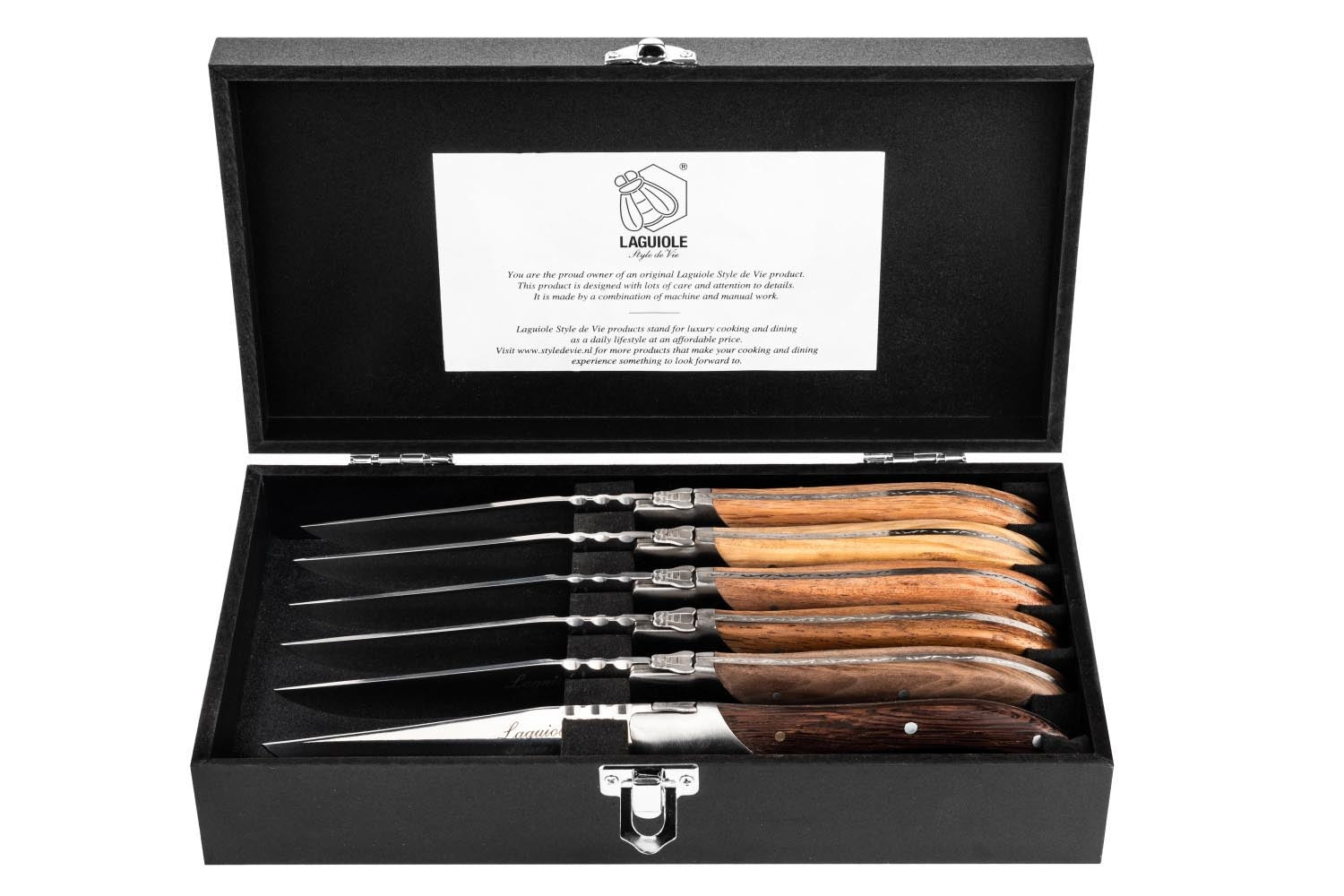 Laguiole Luxury Line Steakmesser Verschiedene Holzarten in Mehrfarbig präsentiert im Onlineshop von KAQTU Design AG. Küchenmesser ist von Laguiole Style de Vie