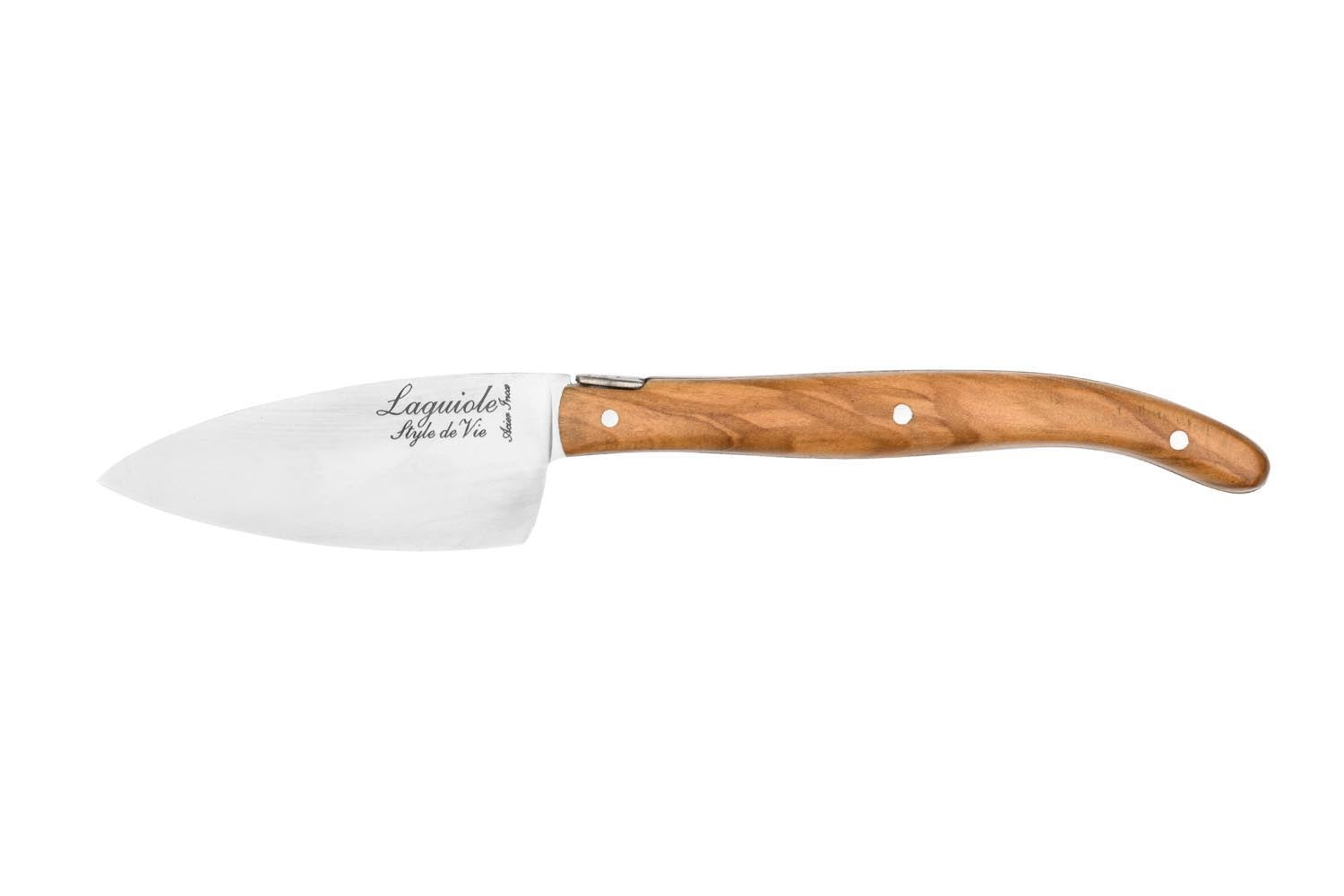 Elegantes Laguiole Käsemesserset mit Griffen aus Olivenholz, ideal für Käseliebhaber und stilvolle Präsentationen.