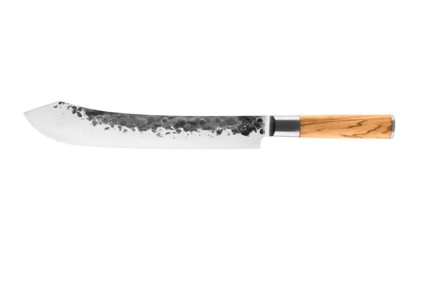 Das Forged Olive Metzgermesser 25cm besticht durch seine scharfe Klinge und den edlen Olivenholzgriff.