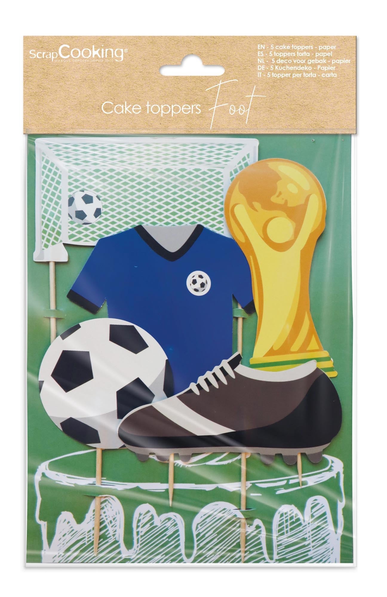 Set mit 5 Kuchendekorationen im Fußball-Design aus Papier von Scrap Cooking, ideal für Fußballfans und kreative Backideen.