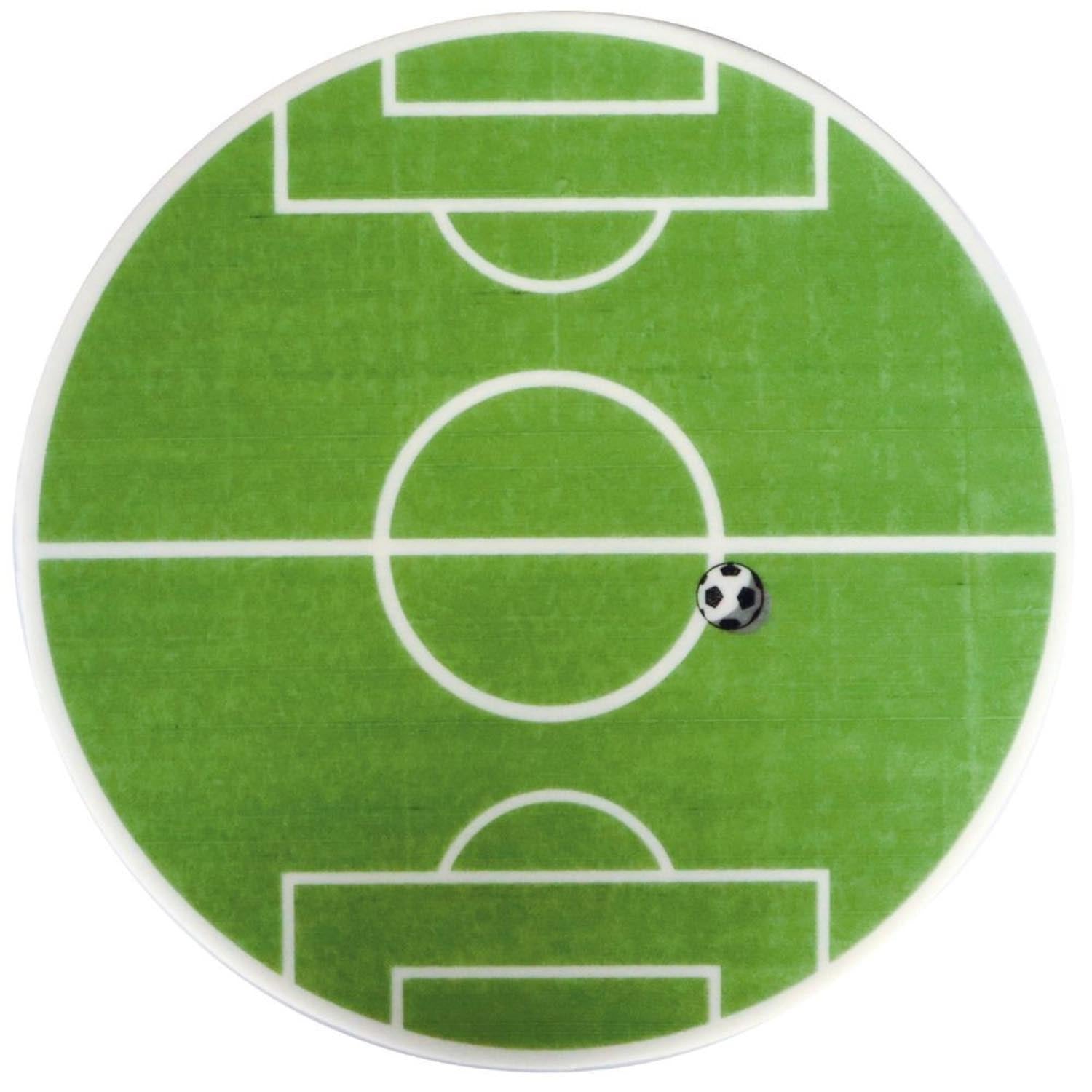 Essbarer Tortenaufleger aus Zuckerpapier mit Fußballmotiv, 18 cm Durchmesser, ideal für sportliche Tortendekorationen.