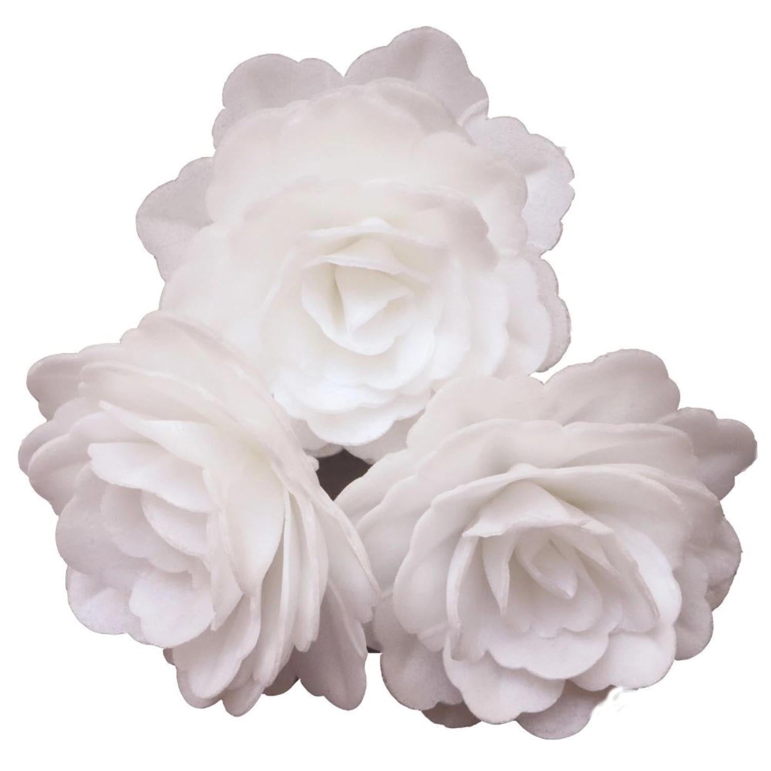 Elegantes 3er Set weiße Esspapierrosen von Scrap Cooking, ideal für kreative Tortendekorationen und essbare Kunstwerke.