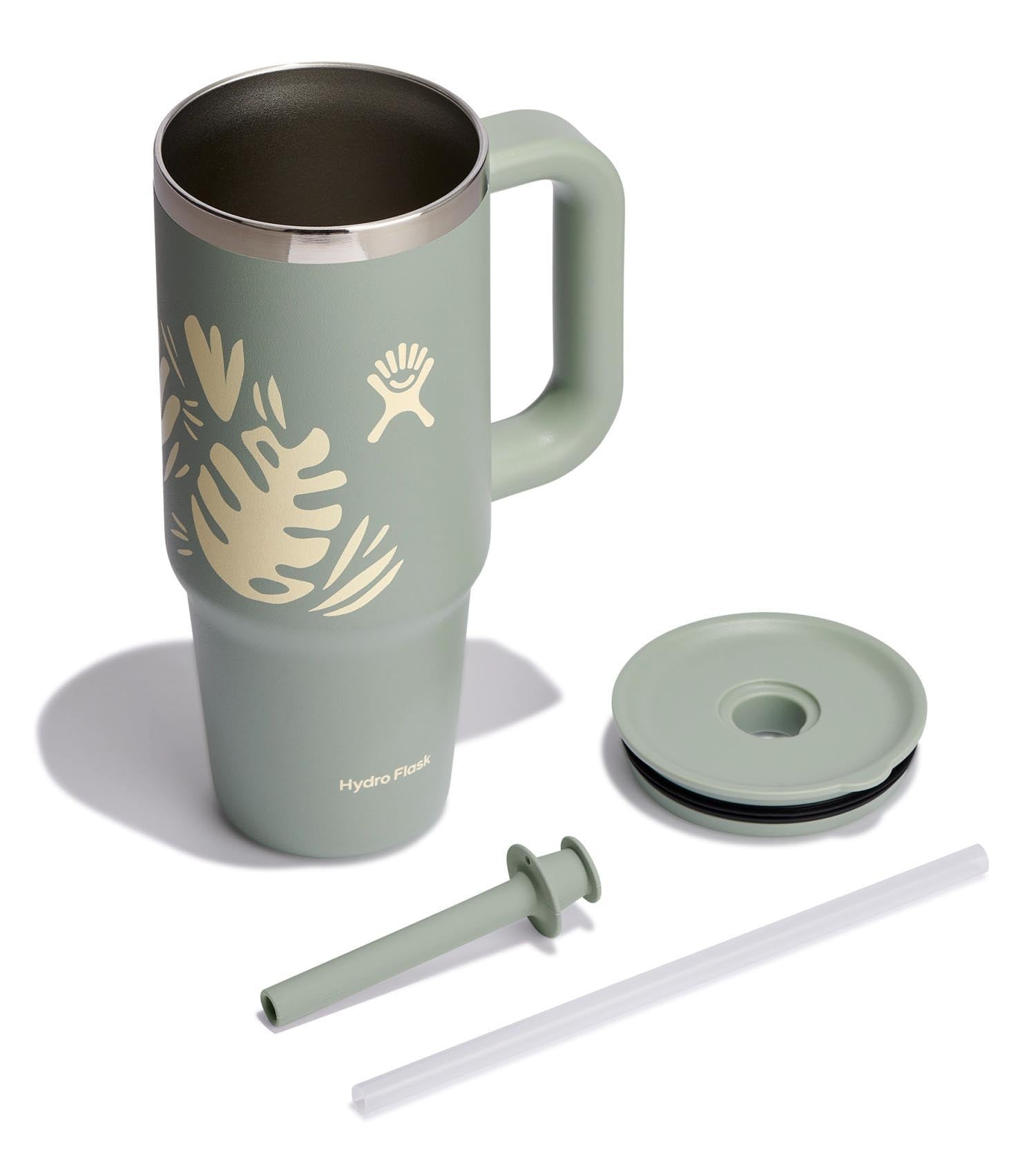 Stylischer 710ml Reisebecher mit praktischem Trinkhalm im botanischen Agave-Muster von Hydro Flask, perfekt für unterwegs.