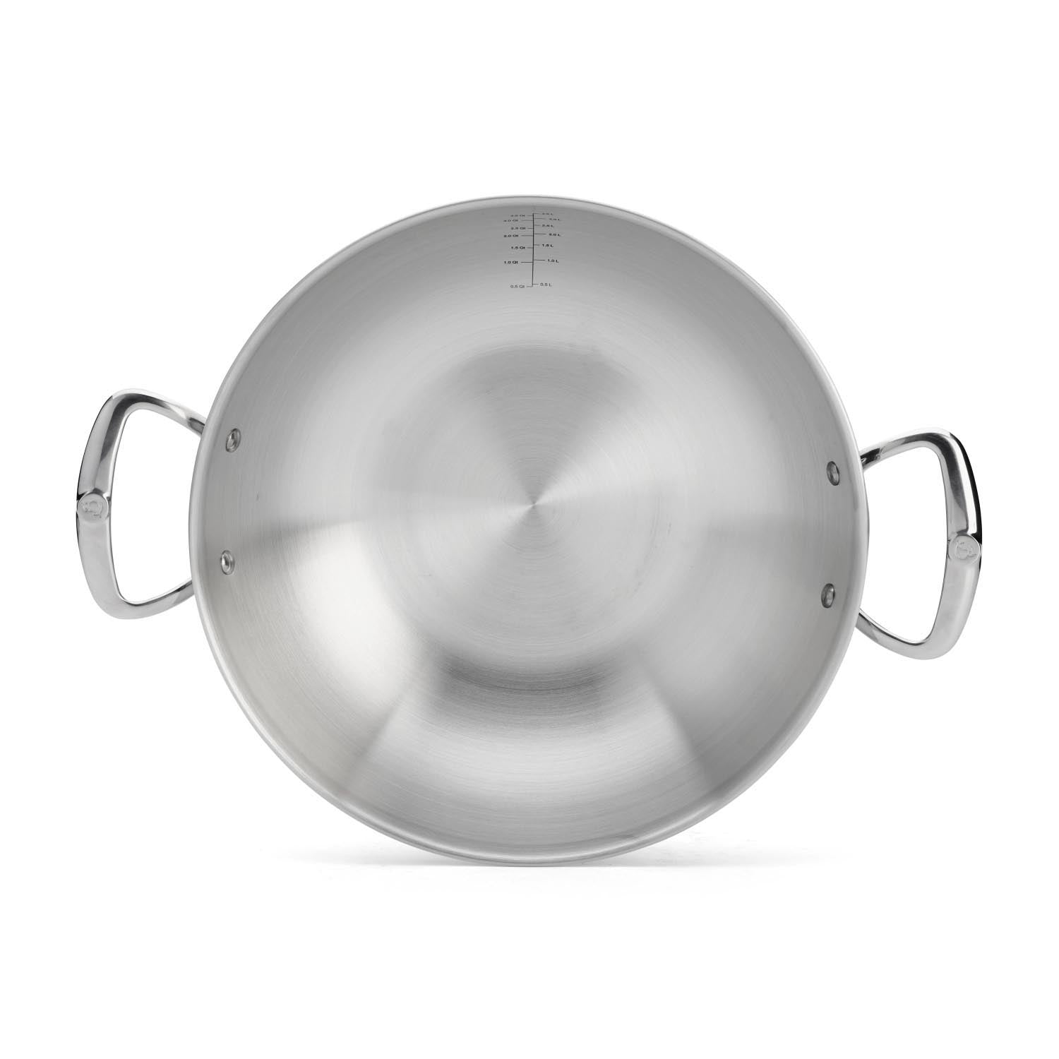 Hochwertiger Edelstahl-Wok von de Buyer, 32 cm, mit zwei Griffen, ideal für gleichmäßiges Kochen und vielseitige Gerichte.