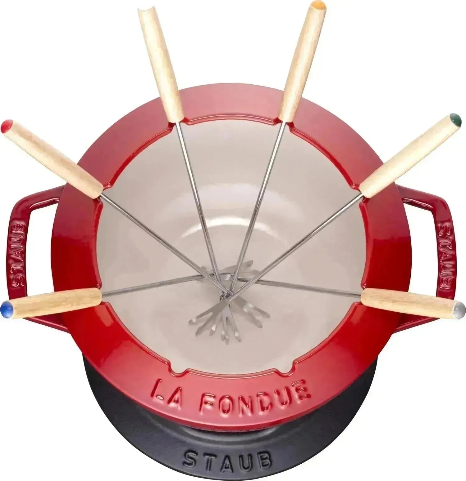 Elegantes Kirsch-Rot Fondue-Set von Staub, 20cm, mit 2 Griffen. Perfekt für gesellige Abende und köstliches Fondue.
