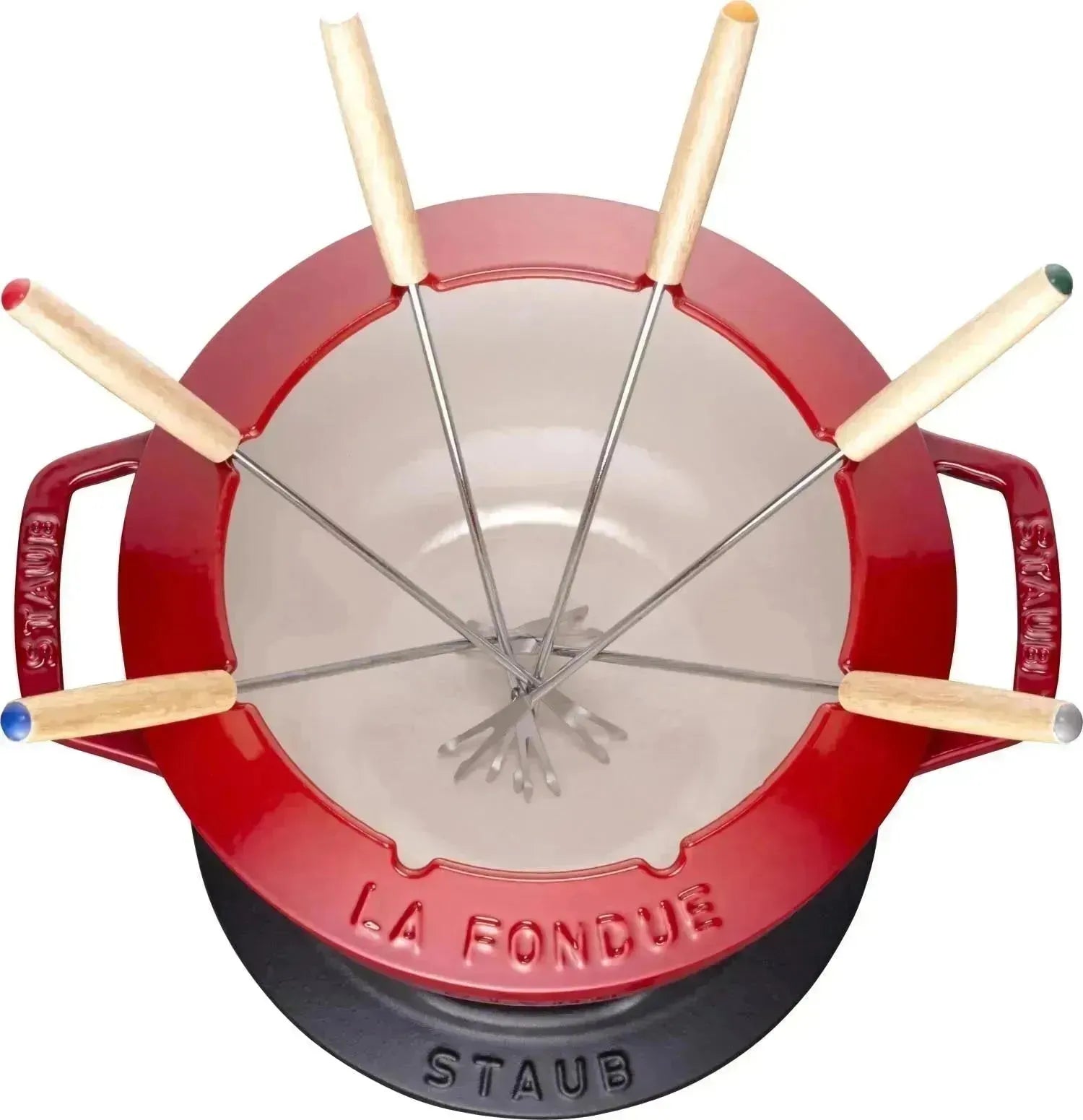 Elegantes Kirsch-Rot Fondue-Set von Staub, 20cm, mit 2 Griffen. Perfekt für gesellige Abende und köstliches Fondue.