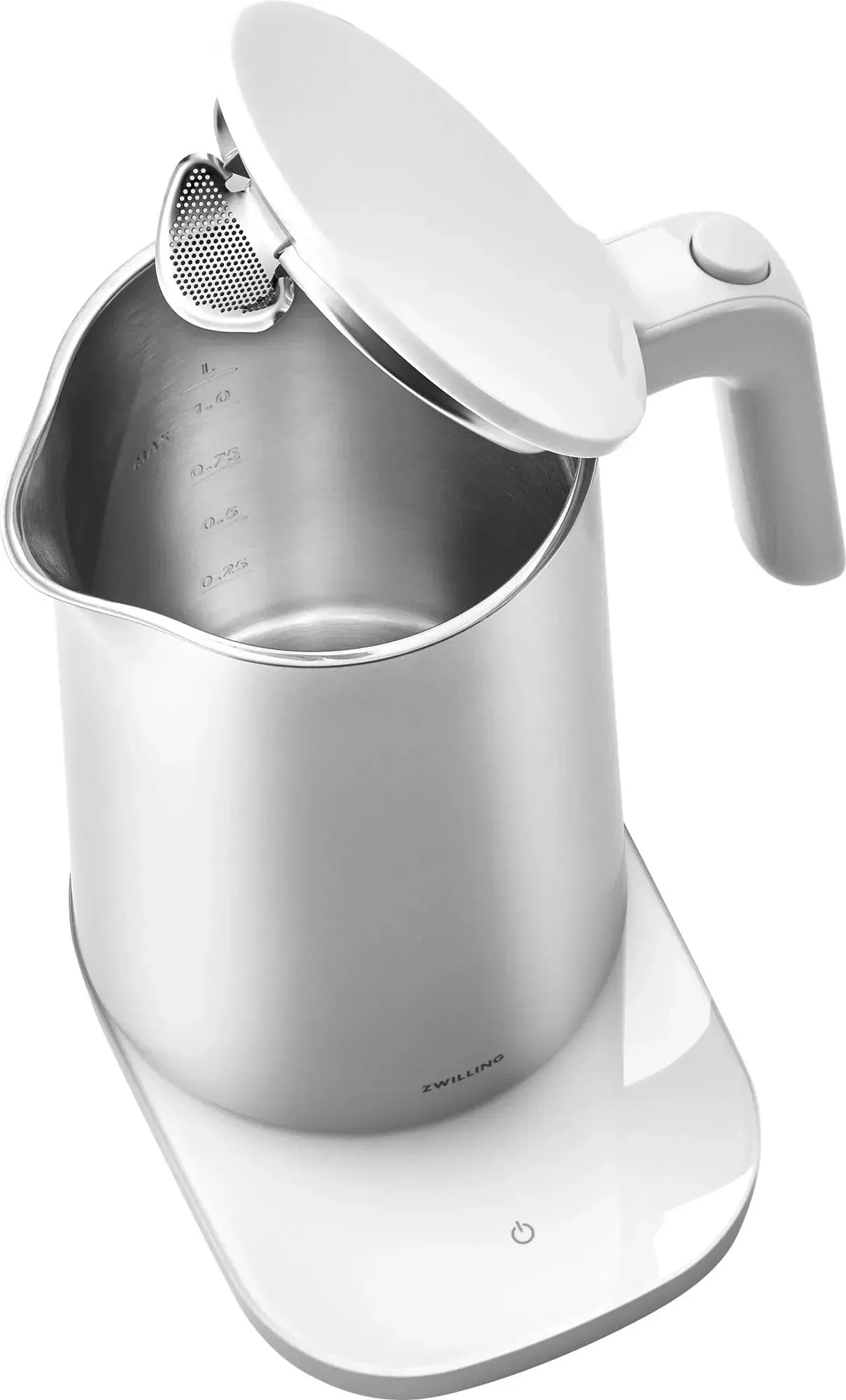 Hochwertiger Zwilling Enfinigy Wasserkocher PRO 1L in Silber, mit präziser Temperaturkontrolle und modernem, stilvollem Design.