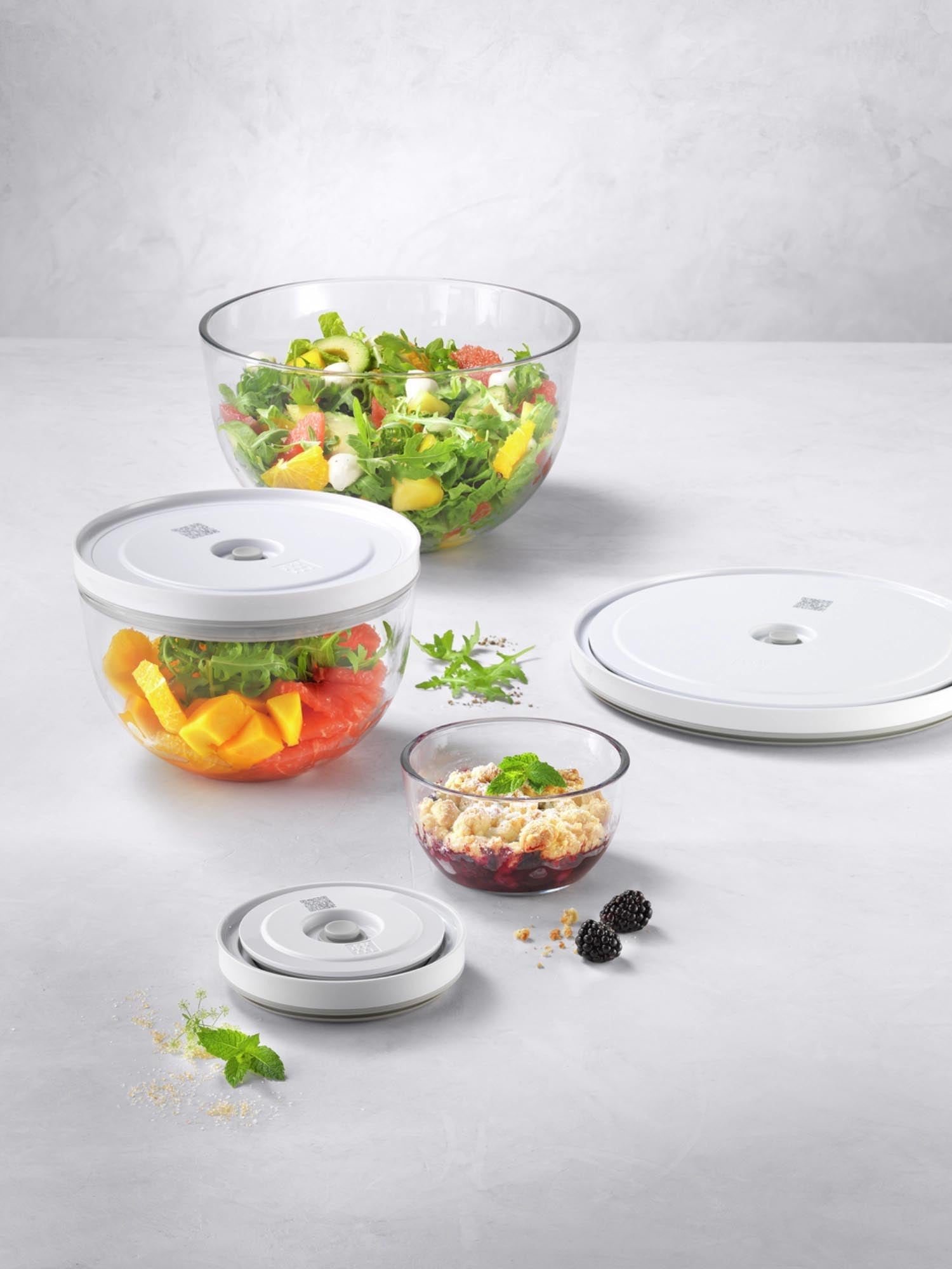 6-teiliges Zwilling Fresh & Save Vakuumschüssel-Set aus Glas, ideal für frische Aufbewahrung und nachhaltige Küchenlösungen.