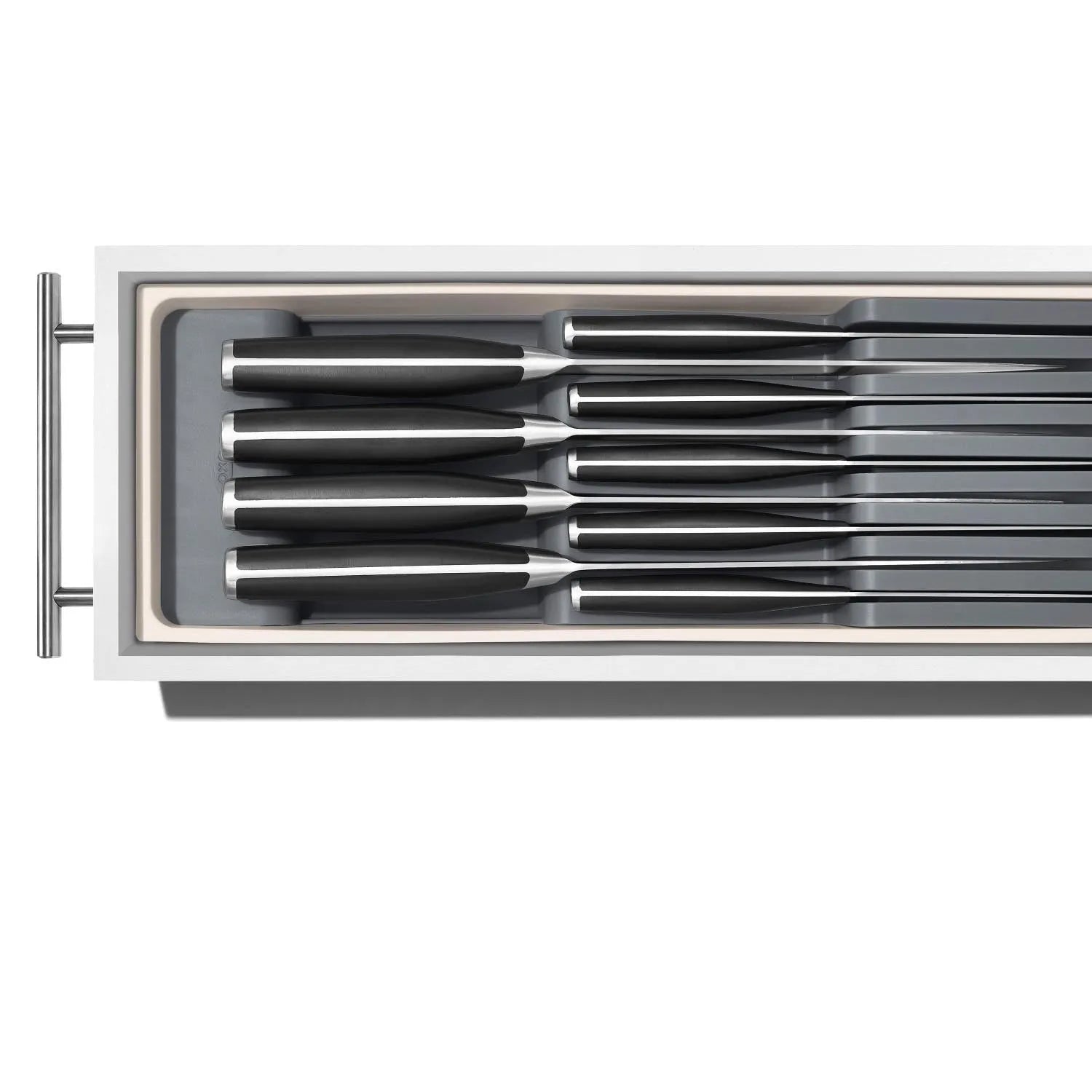 Platzsparender OXO Messerorganizer für Schubladen, ideal für sichere und ordentliche Aufbewahrung Ihrer Küchenmesser.