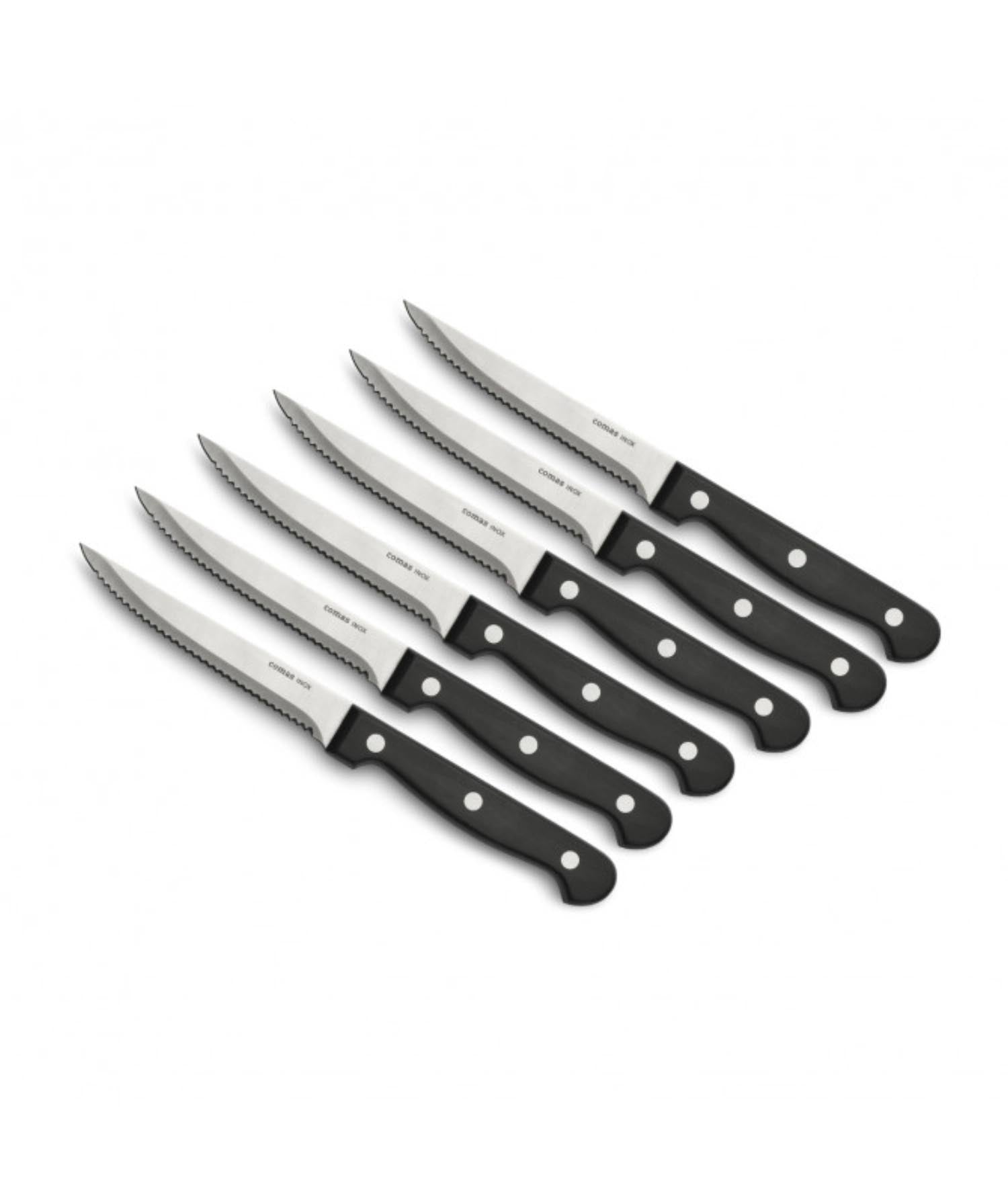Set aus 6 hochwertigen Steakmessern von Comas, ideal für Fleischliebhaber, mit scharfer Klinge und ergonomischem Griff.