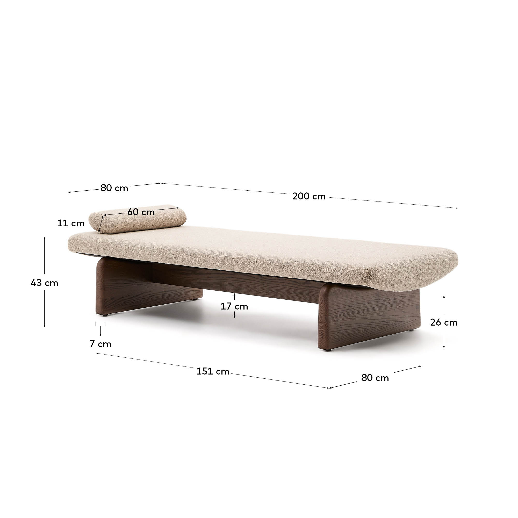 Elegante Chaiselongue Topaz aus beigem Chenille und robustem Eschenholz mit Walnuss-Finish, perfekt für stilvolle Entspannung in Ihrem Zuhause.