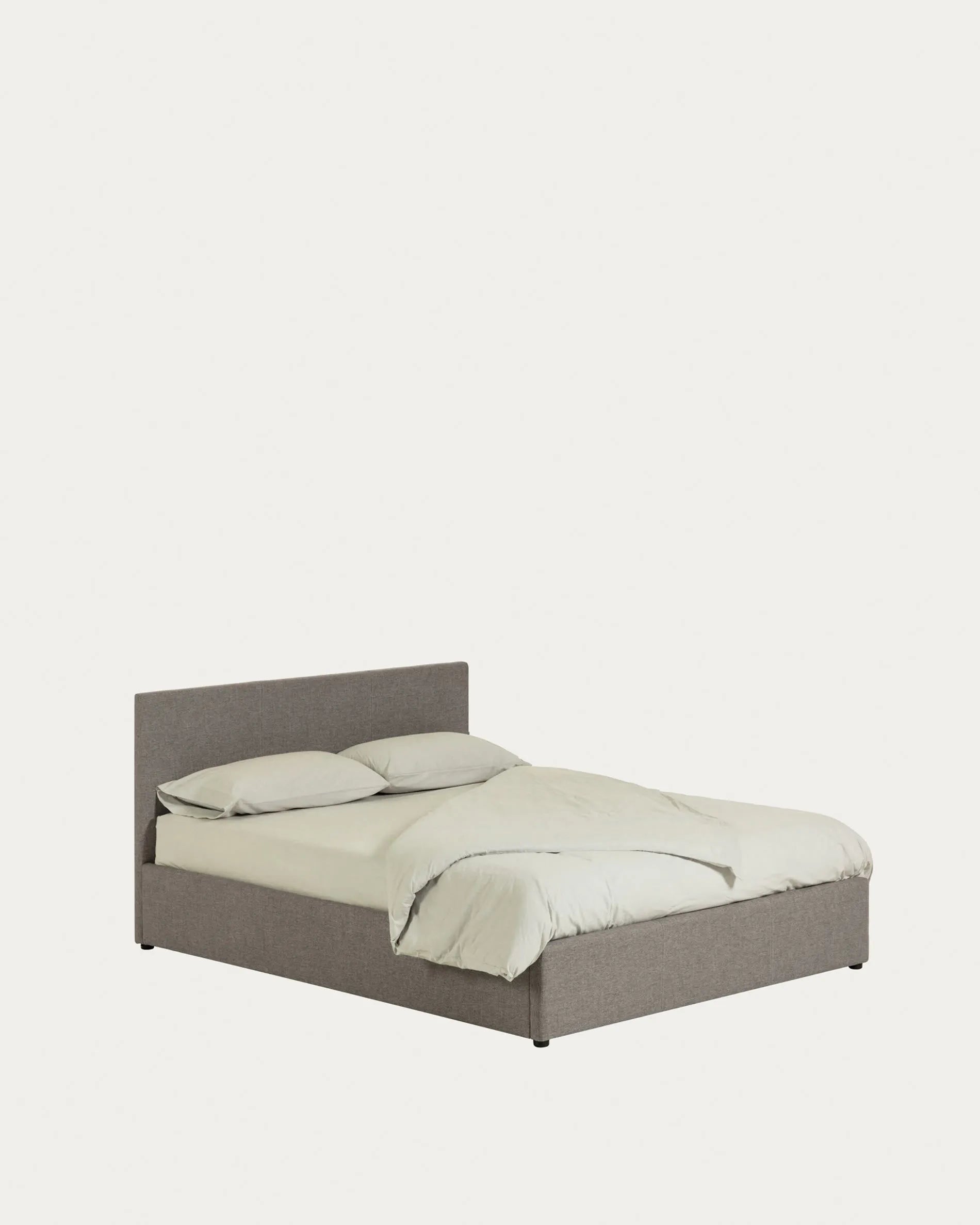3D-Modell des grauen Nahiri Betts mit Stauraum, 150x200 cm, stilvoll und funktional für ein aufgeräumtes Schlafzimmer.