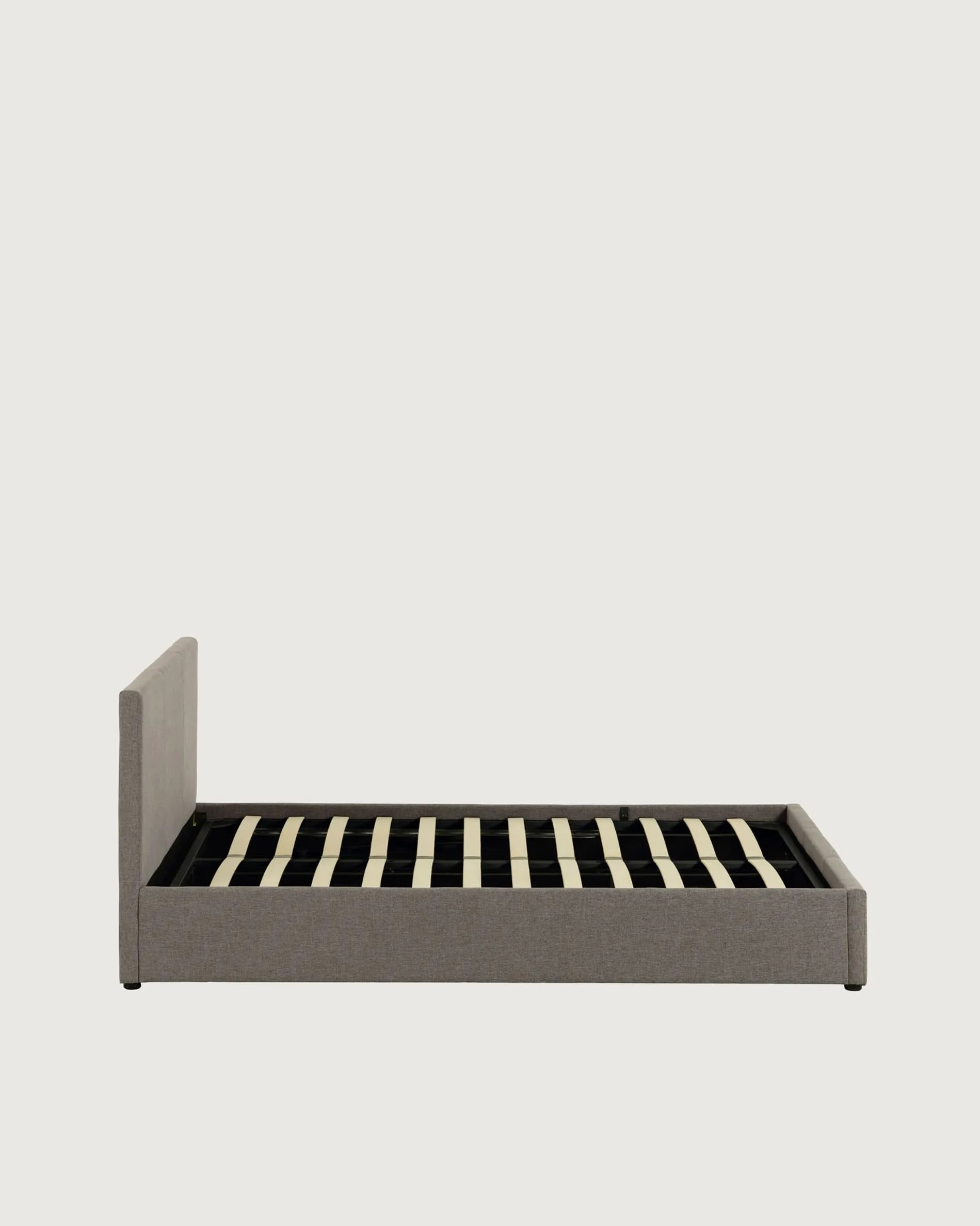 Stilvolles Nahiri Bett in Grau mit praktischem Stauraum, geeignet für 150x200 cm Matratzen, perfekt für zeitgemäße Schlafzimmer.