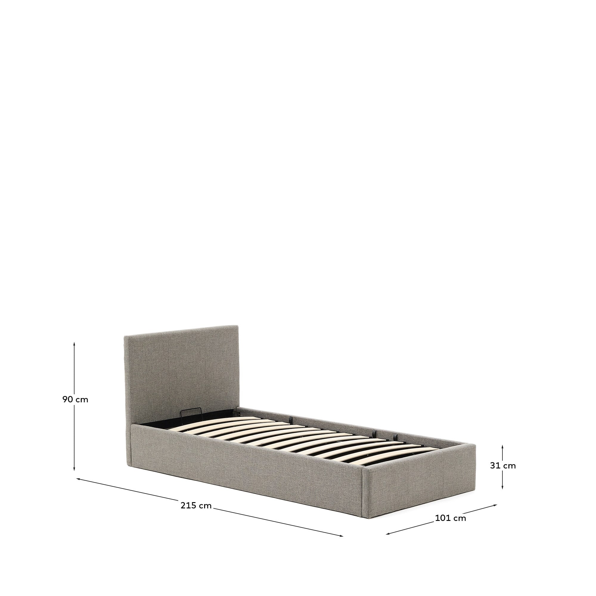 Das graue Nahiri Bett (90x200 cm) von Kave Home bietet modernes Design und Stauraum, ideal für stilvolle Schlafzimmer.