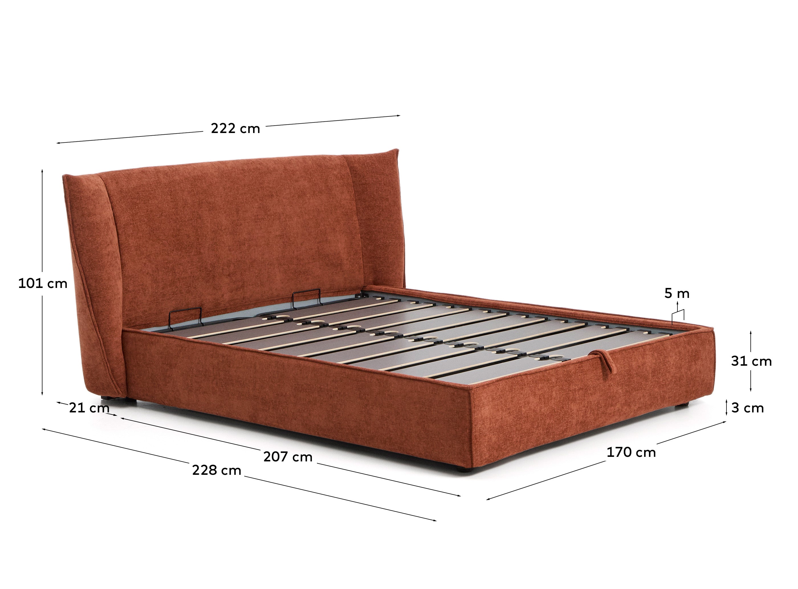 Elegantes Bett Arvian in terrakottafarbener Chenille, ausgestattet mit einem klappbaren Bettkasten für eine Matratze von 160 x 200 cm.
