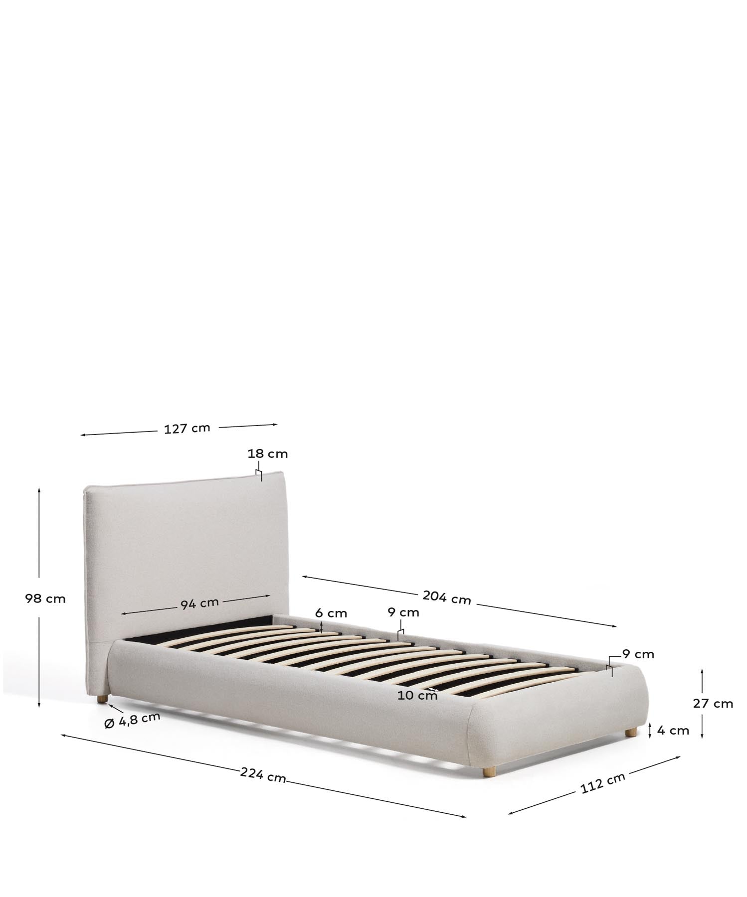Bett Elerio mit ecrufarbener Chenille für Matratzengrösse 90 x 200 cm in Ecru präsentiert im Onlineshop von KAQTU Design AG. Bett ist von Kave Home