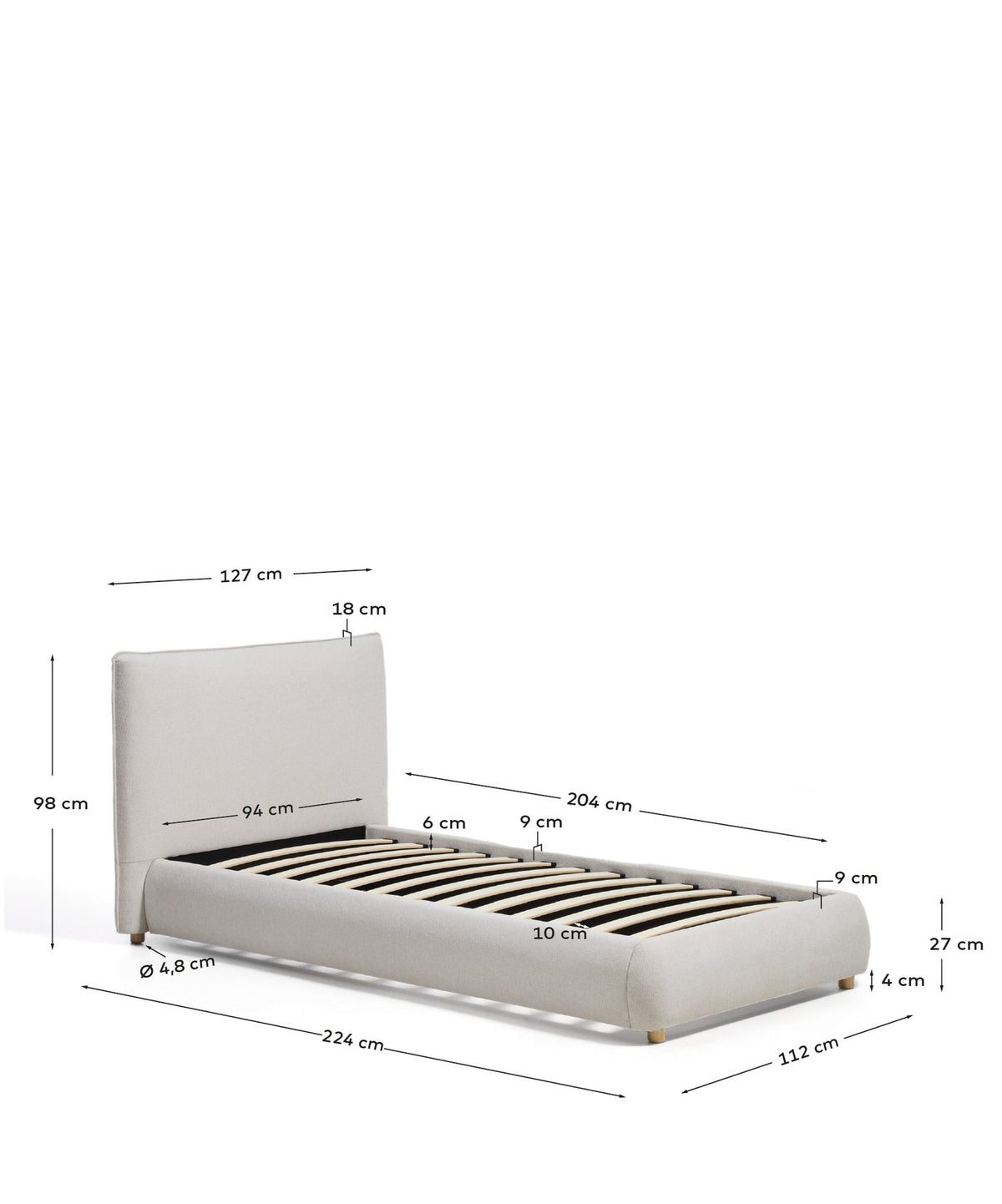 Gepolstertes Bett Elerio in ecrufarbener Chenille mit rundem Kopfteil, Gestell mit Beinen aus massivem Buchenholz, Matratzengrösse 90 x 200 cm