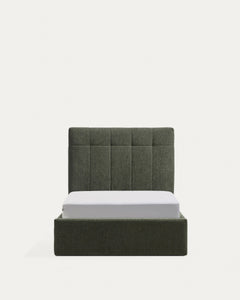 Bett mit klappbarem Bettkasten Darnela in moosgrüner Chenille für Matratzen 90 x 200 cm FSC 100%