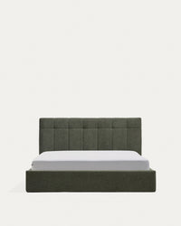 Bett mit klappbarem Bettkasten Darnela in moosgrüner Chenille für Matratzen 150 x 200 cm FSC 100%