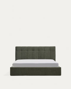 Bett mit klappbarem Bettkasten Darnela in moosgrüner Chenille für Matratzen 150 x 200 cm FSC 100%