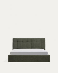 Bett mit klappbarem Bettkasten Darnela in moosgrüner Chenille für Matratzen 160 x 200 cm FSC 100%