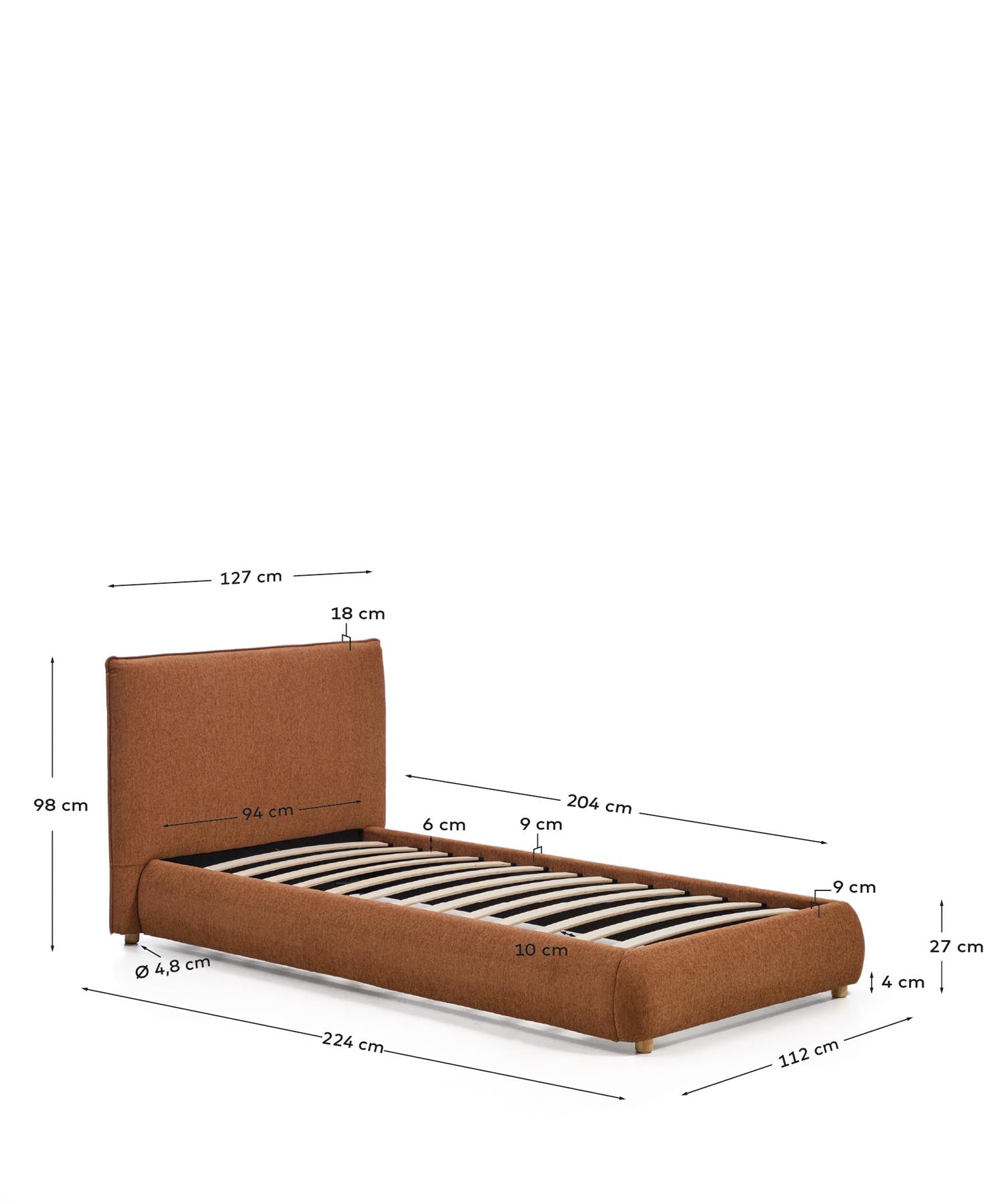 Bett Elerio mit dezent kupferfarbener Chenille für Matratzengrösse 90 x 200 cm in Terrakotta präsentiert im Onlineshop von KAQTU Design AG. Bett ist von Kave Home