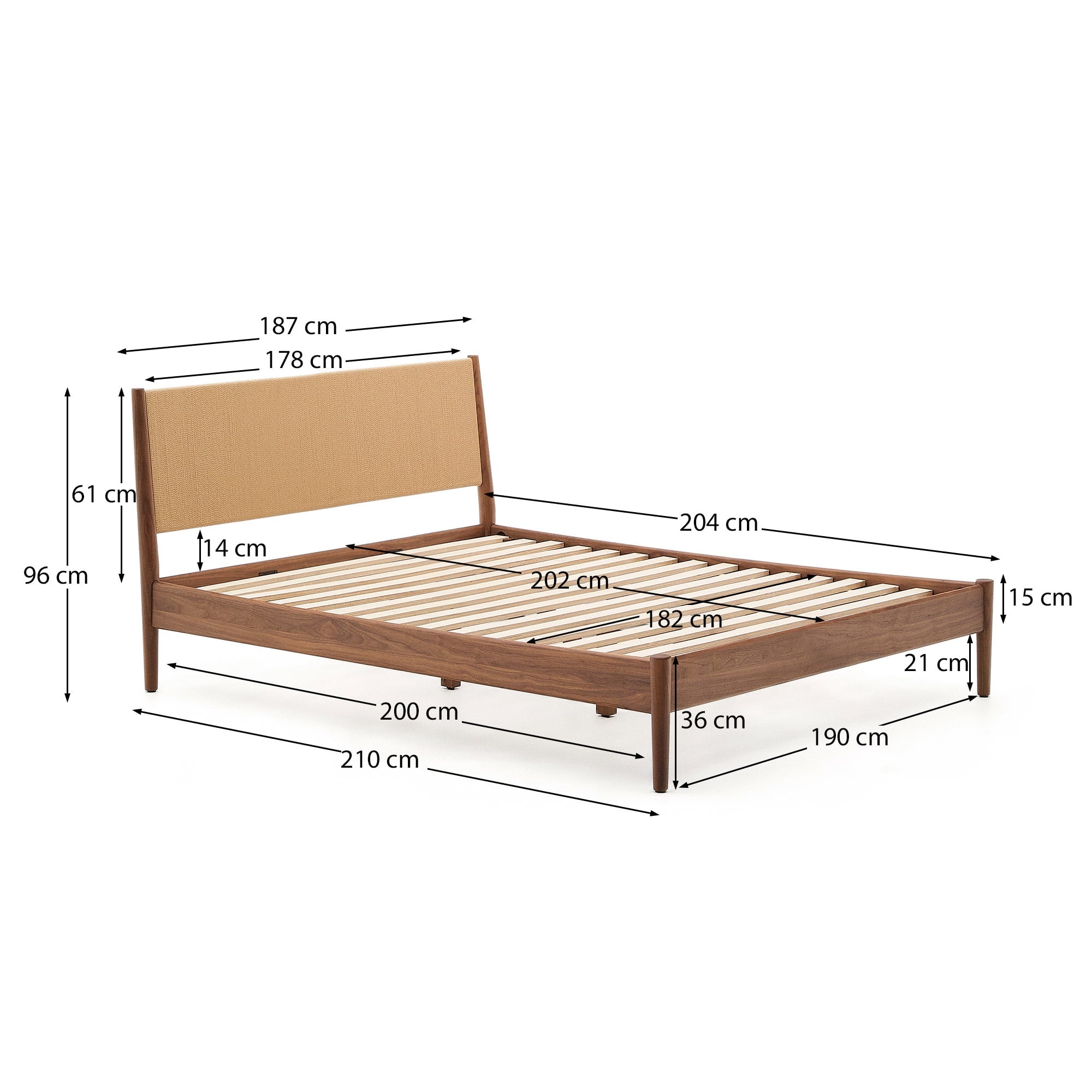 Elegantes Bett Elan aus FSC-zertifiziertem Walnussholz und Furnier, 180x200 cm, mit Seilmatratze, von Kave Home.