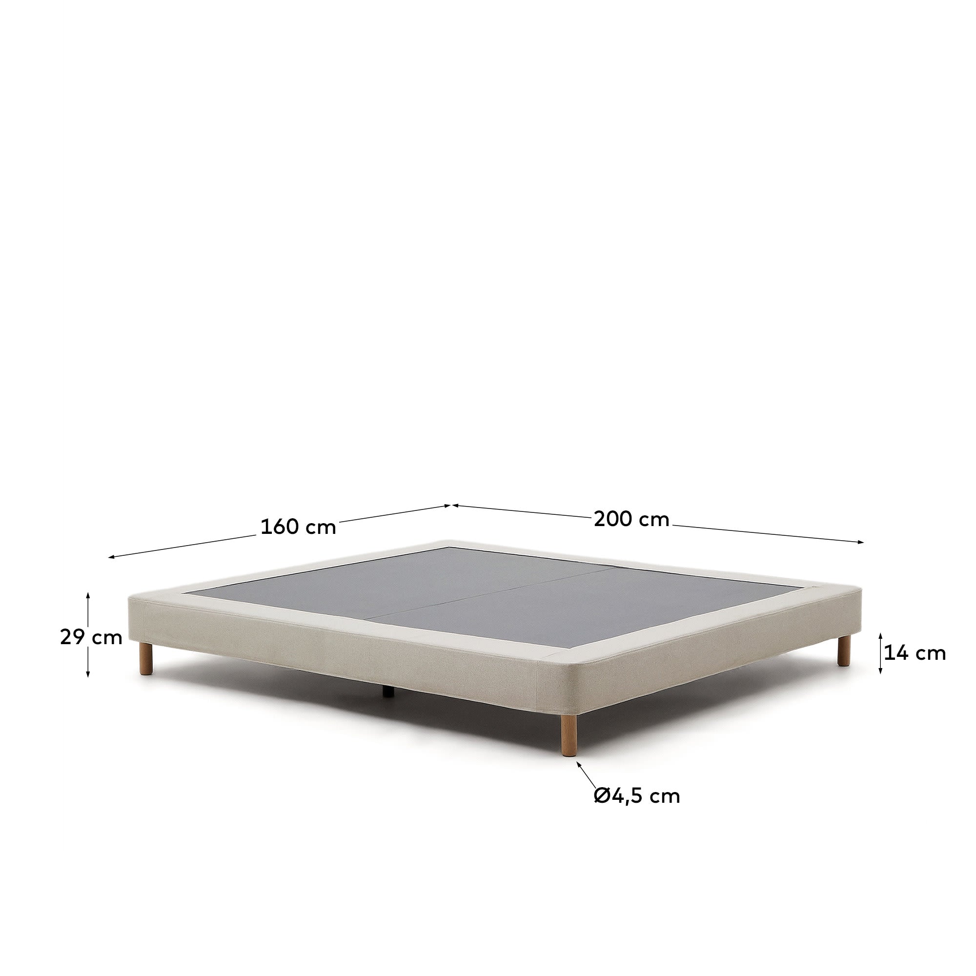 Stilvolles Bettgestell Ofelia in Beige, 160x200 cm, mit abnehmbarem Stoffbezug und robusten Füßen aus massivem Buchenholz.