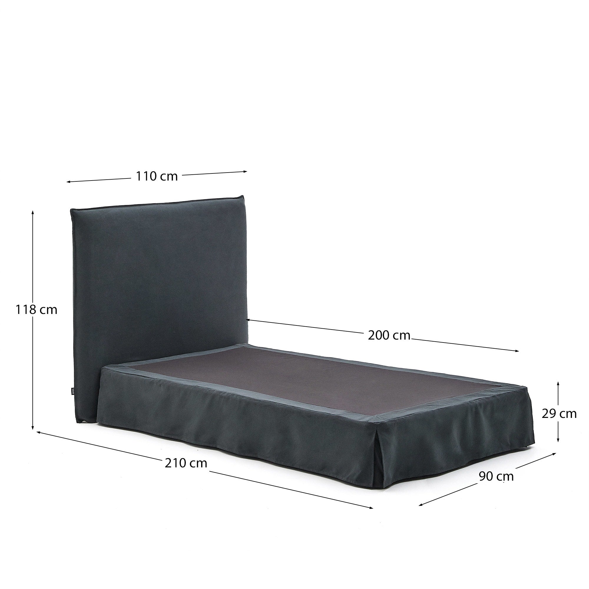 Elegantes Bett Jaira in Anthrazitgrau, mit abnehmbarem Leinen-Baumwollbezug, passend für 90x200cm Matratzen, von Kave Home.