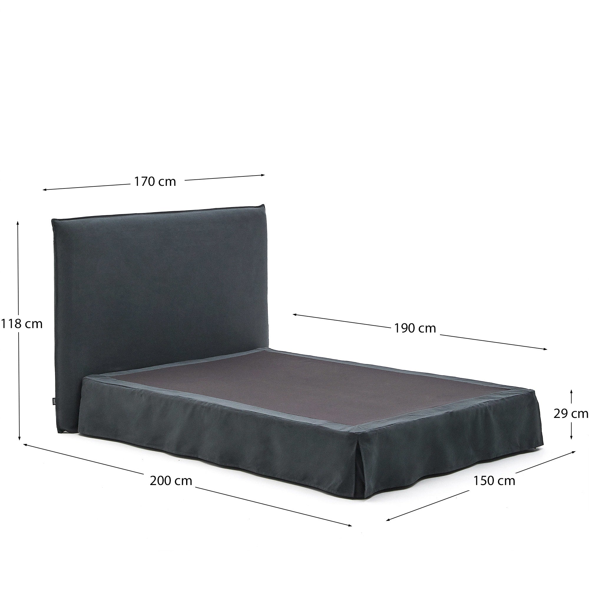 Stilvolles Bett Jaira in Anthrazitgrau mit abnehmbarem Bezug aus Leinen und Baumwolle, ideal für 150x190 cm Matratzen, von Kave Home.
