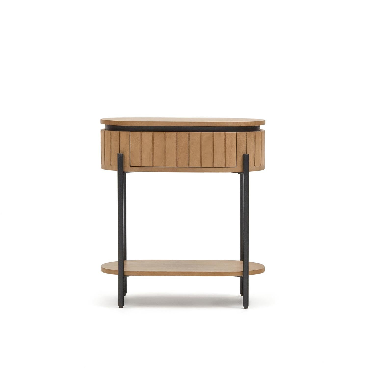 Licia Nachttisch: Stilvolles Design aus massivem Mangoholz und schwarzem Metall, 55x65 cm. Perfekt für moderne Schlafzimmer.