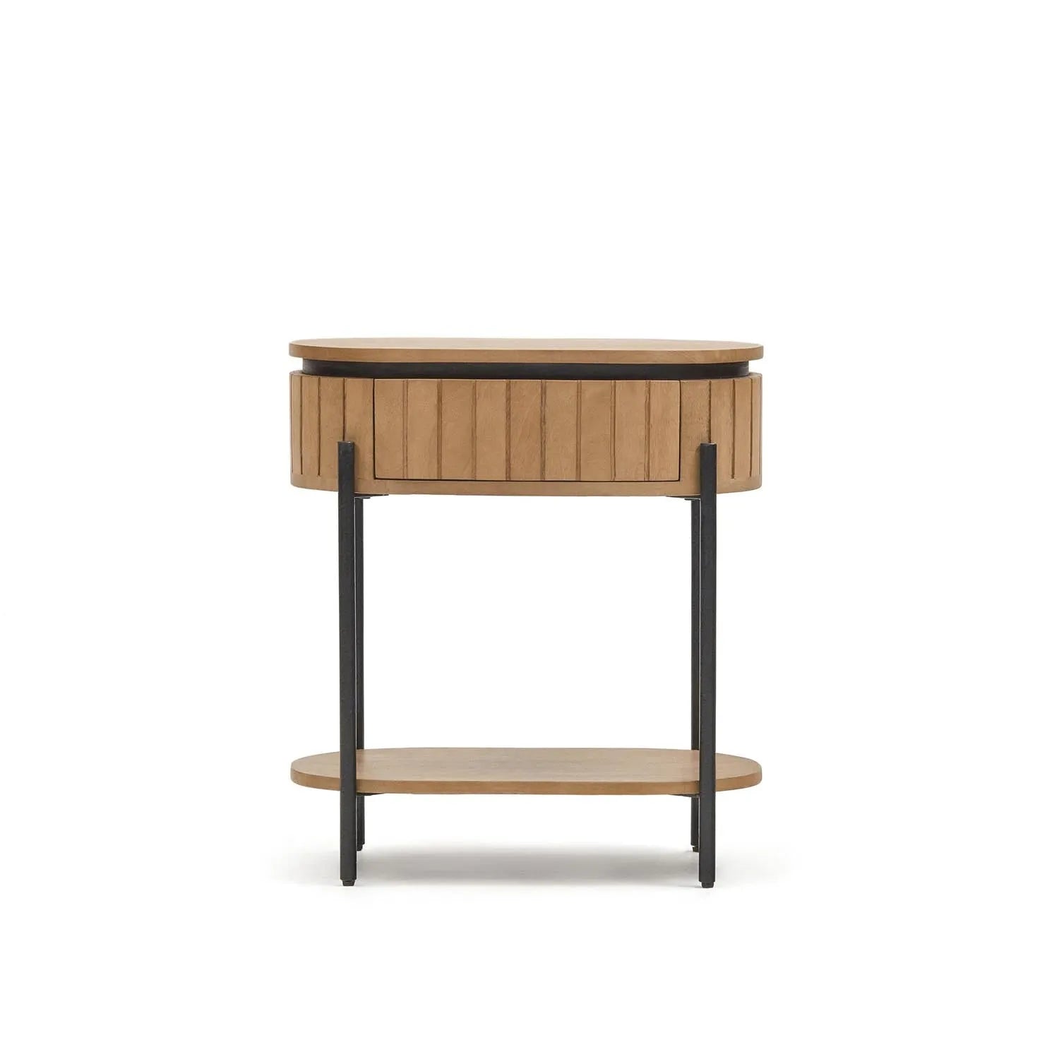 Licia Nachttisch: Stilvolles Design aus massivem Mangoholz und schwarzem Metall, 55x65 cm. Perfekt für moderne Schlafzimmer.