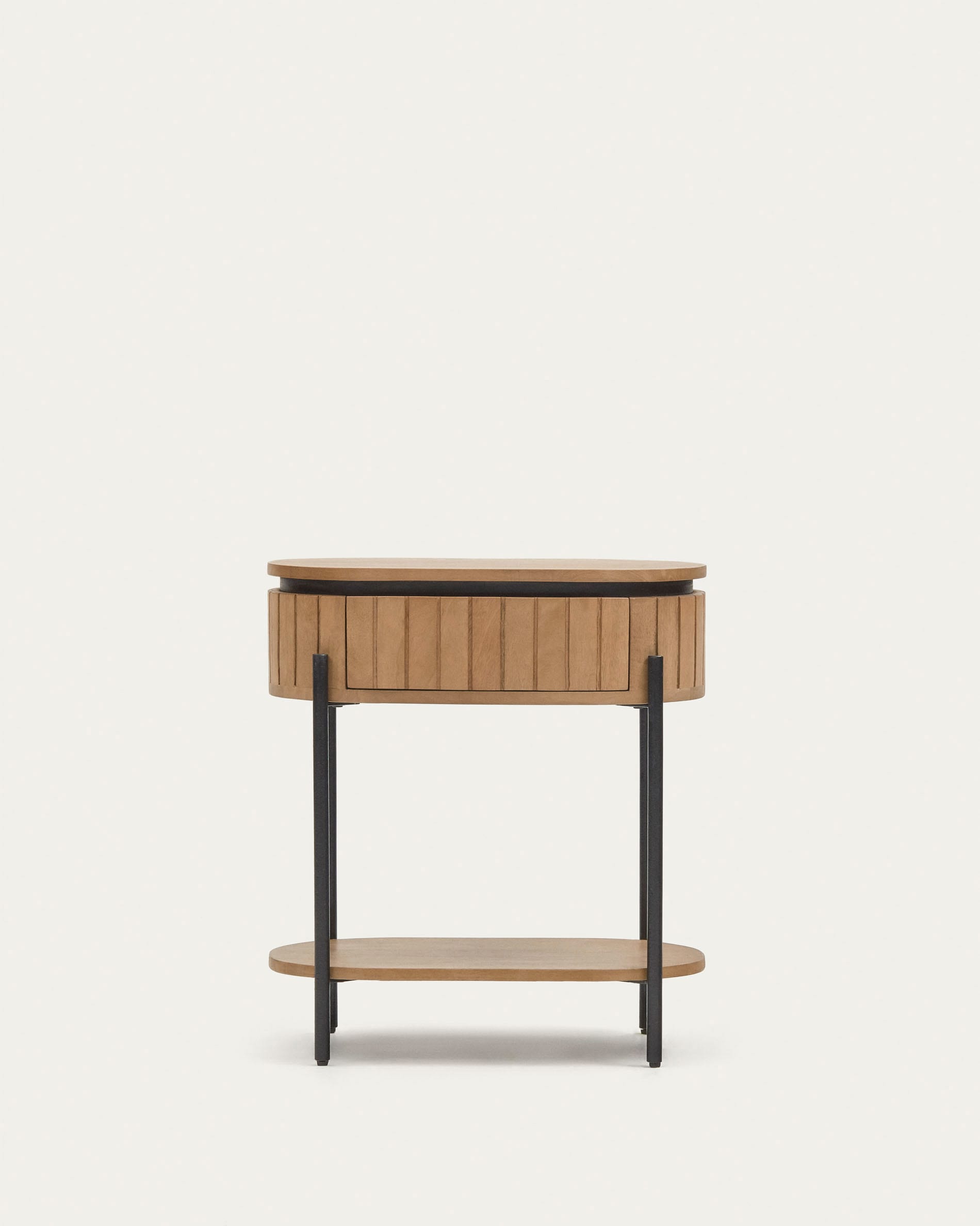3D-Modell eines stilvollen Nachttischs aus Mangoholz und schwarzem Metall, 55x65 cm, für moderne Schlafzimmer.