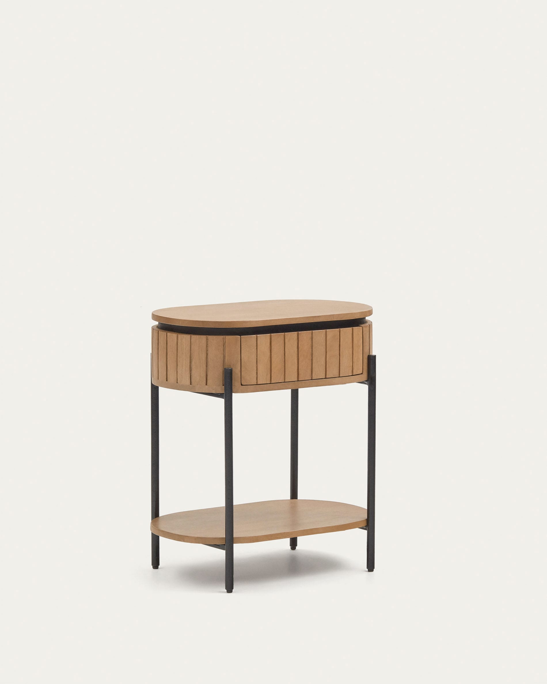 Eleganter Nachttisch aus Mangoholz mit schwarzem Metallrahmen.