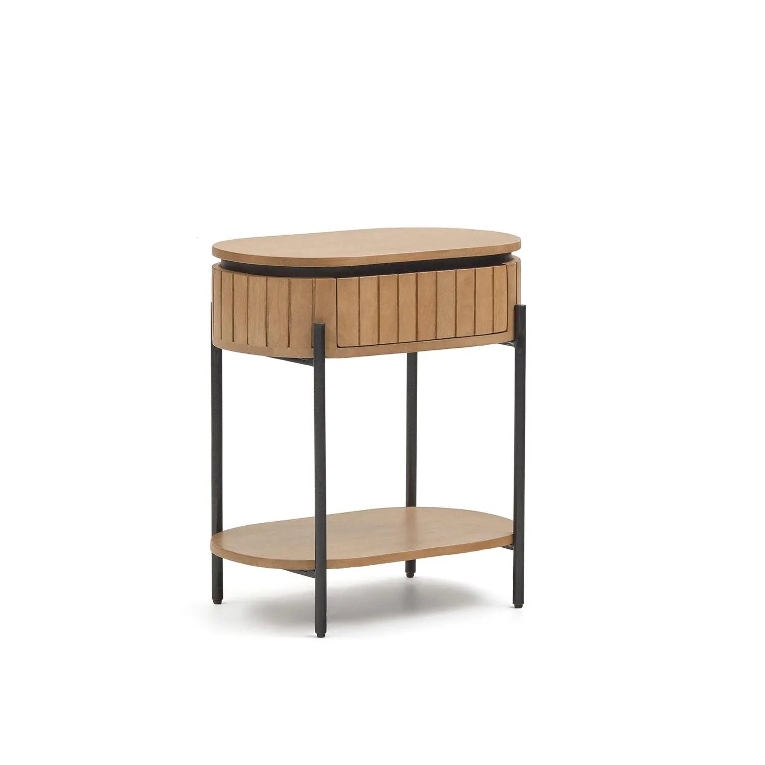 Eleganter Nachttisch aus Mangoholz mit schwarzem Metallrahmen.