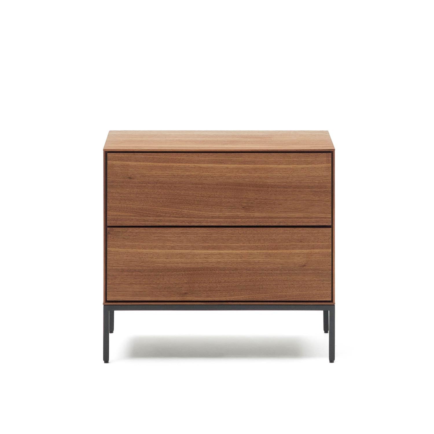 3D-Modell: Vedrana Nachttisch, 2 Schubladen, Nussholzfurnier, schwarze Stahlbeine, 60x55 cm, stilvoll und funktional.