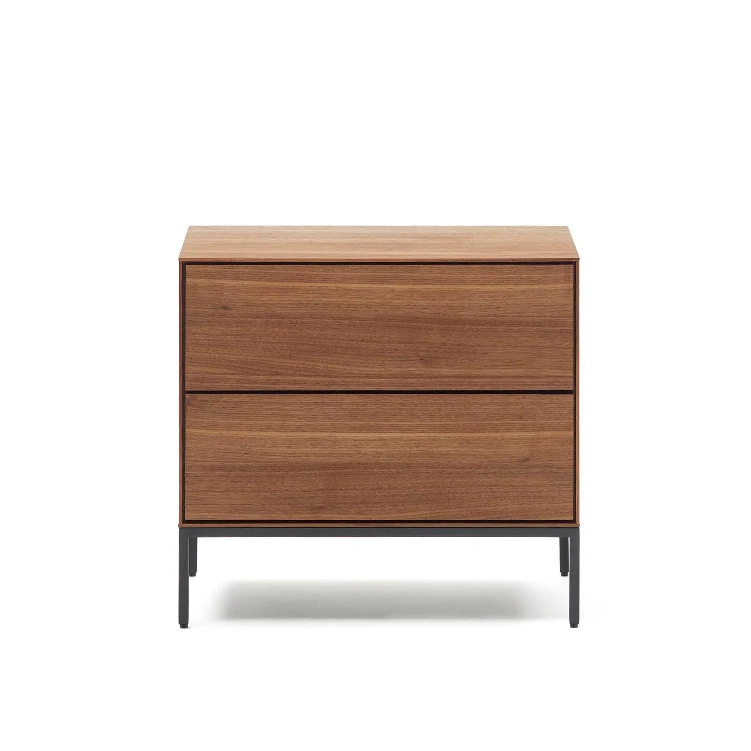 3D-Modell: Vedrana Nachttisch, 2 Schubladen, Nussholzfurnier, schwarze Stahlbeine, 60x55 cm, stilvoll und funktional.
