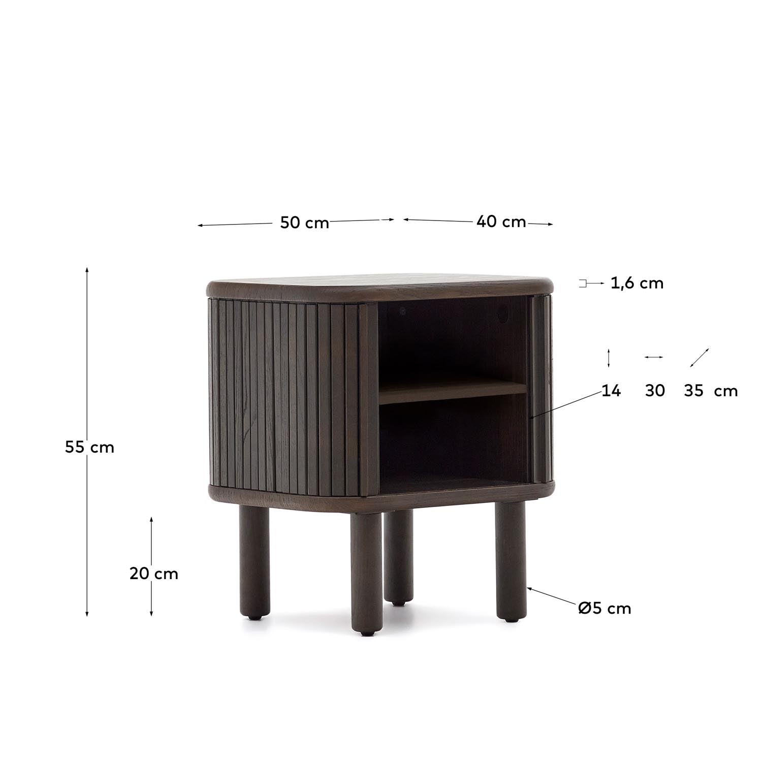 Eleganter Nachttisch aus dunklem Eschenfurnier, 50x55 cm, Kave Home.