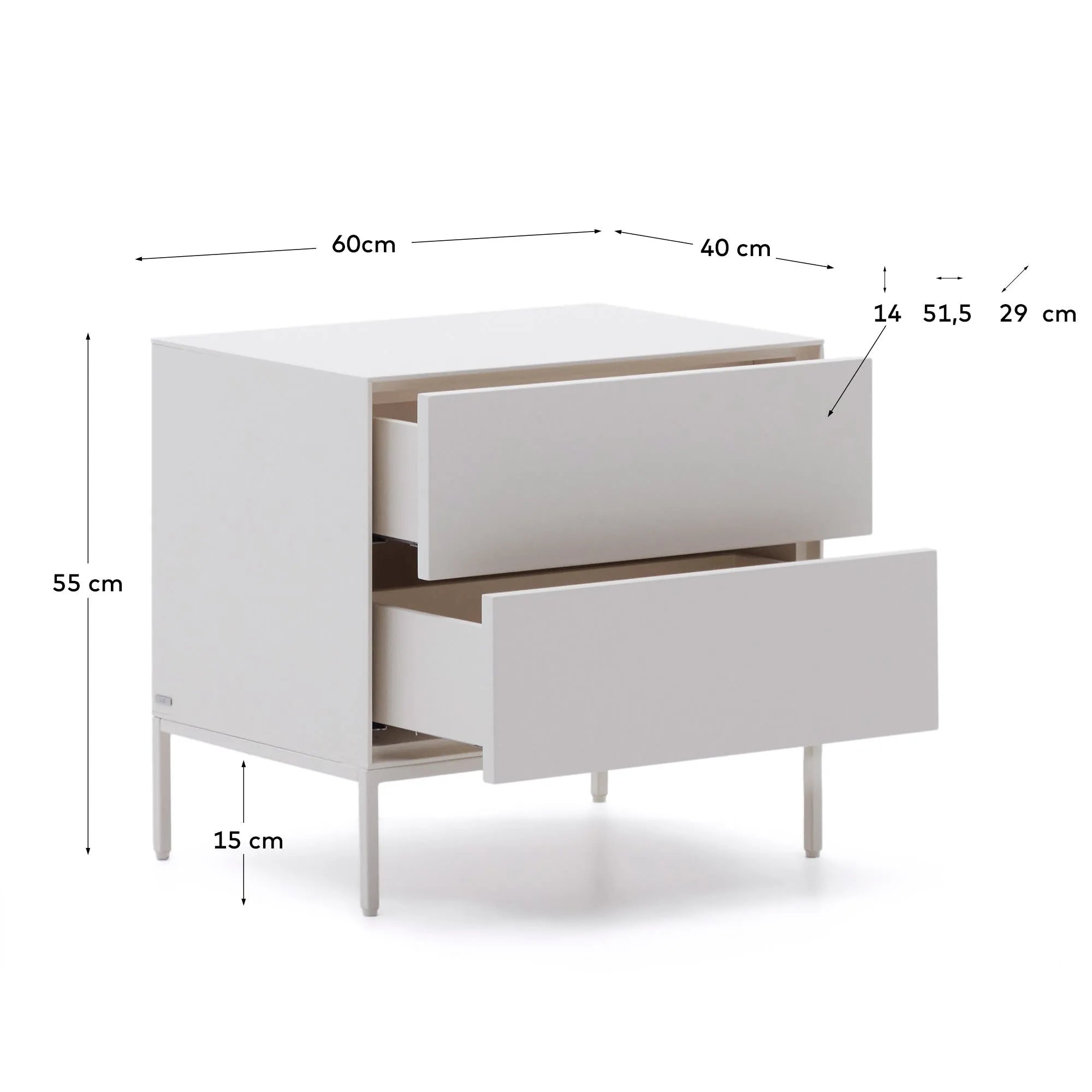 Eleganter Nachttisch Vedrana von Kave Home, 2 Schubladen, MDF weiß lackiert, Maße 60x55 cm, ideal für moderne Schlafzimmer.