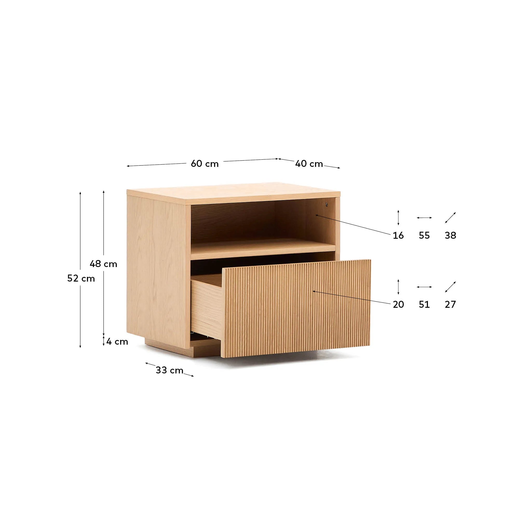 Eleganter Nachttisch aus Eichenfurnier mit Glasakzenten, FSC-zertifiziert, 60x52 cm, bietet stilvollen Stauraum.