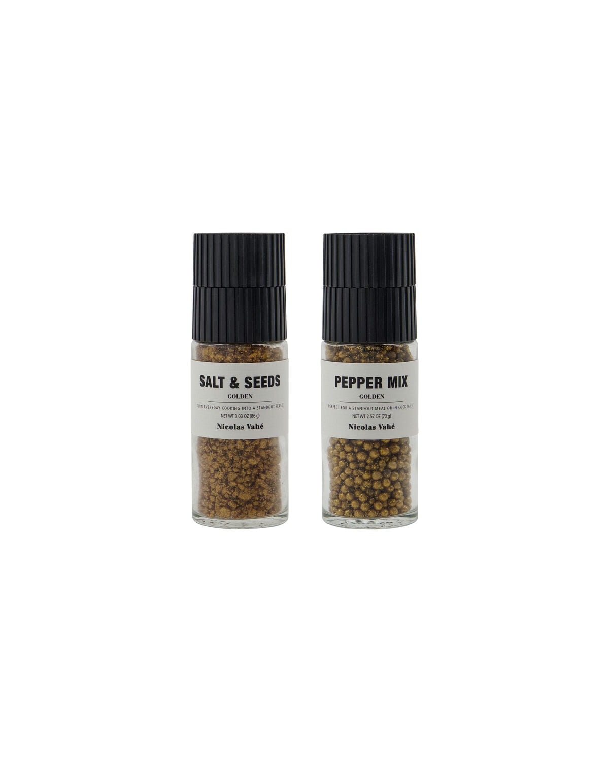 Elegante Geschenkbox von Nicolas Vahé, die feines goldenes Salz und eine exquisite Pfeffermischung vereint – ideal für Feinschmecker und besondere Anlässe.
