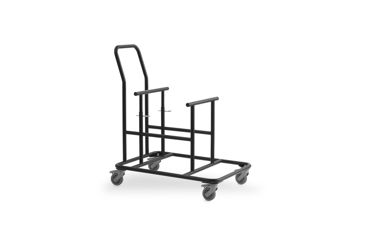 Schwarzer Stuhlwagen aus pulverbeschichtetem Stahl von Normann Copenhagen, schlichte Rahmenkonstruktion zum Stapeln mehrerer Stühle.